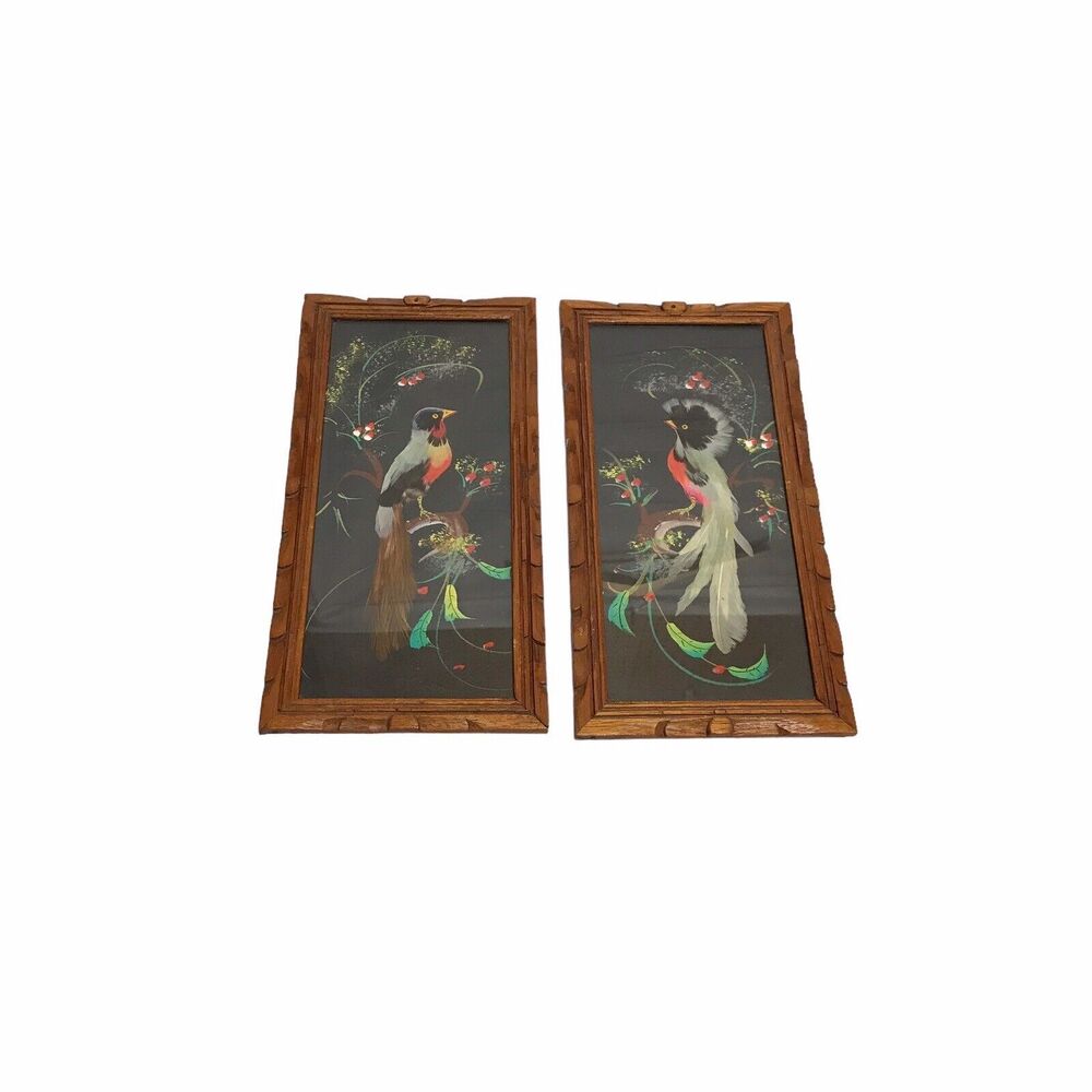 Vintage Pair‎ Of 2 Feather Bird Folk Art Picture Carved Wood Frame - Mexican